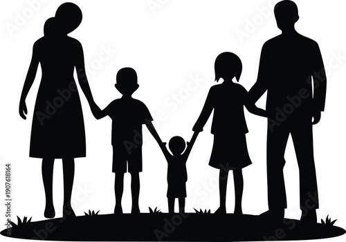 A silhouette of a family holding hands together with the word family
