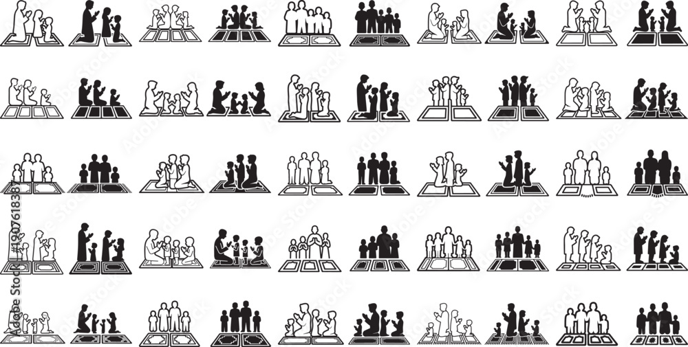 Obraz premium black and white icons of people standing or sitting on laptops computer in various poses and group sizes