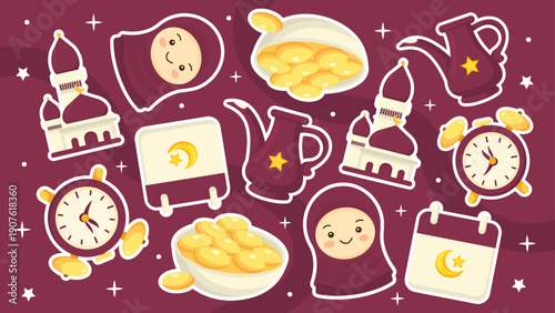 Deep maroon background with cute girl icons mosque towers and alarm clocks