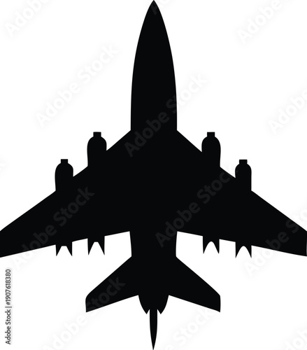 A stark silhouette of a modern jet aircraft viewed from directly underneath