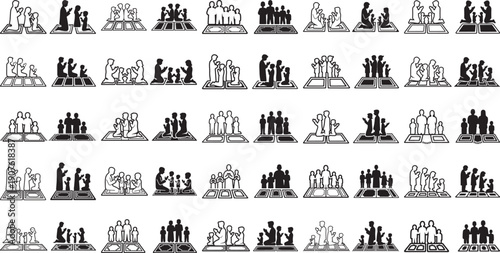 black and white icons of people standing or sitting on laptops computer in various poses and group sizes