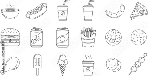 Fast food and snack icon set with burgers drinks fries donuts ice cream and sausages isolated line vector illustration