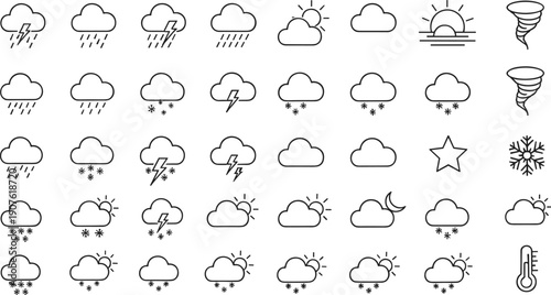 Weather icon set with clouds rain snow lightning sun tornado temperature symbols isolated outline vector illustration
