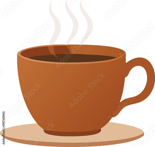 A warm inviting illustration depicts a brown cup of coffee with rising