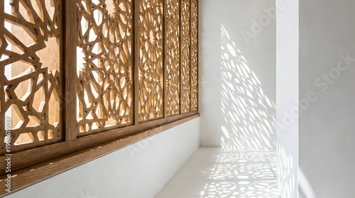 Stunning modern interior featuring a long wooden screen with intricate geometric patterns (Mashrabiya style), casting beautiful dappled sunlight and shadows onto the minimalist white floor and walls. 
