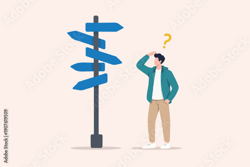 Lost man at crossroad sign