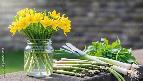 Daffodils in Glass Jar on Stone Wall, St David’s Day and Welsh Spring Celebration