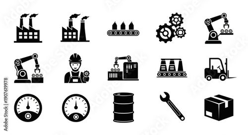 Industrial Icons Set Factory Machinery and Tools.