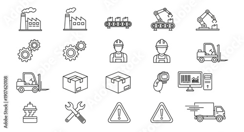 Industrial Icons Set Manufacturing Logistics and Construction Elements.