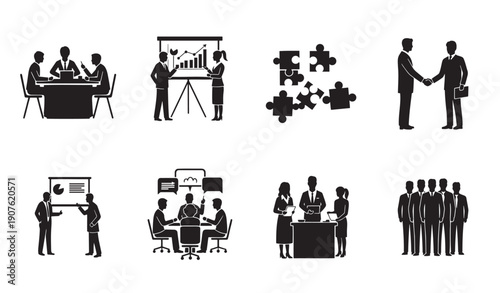 Business teamwork and partnership silhouette set. Corporate symbols for meeting, strategy puzzle, handshake, and leadership. Vector characters.
