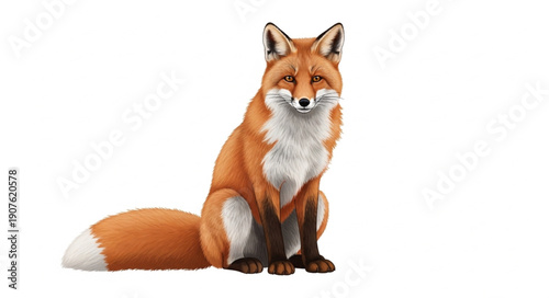 Red Fox Sitting Isolated White Background.