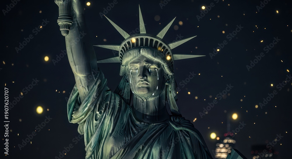 Fototapeta premium Liberty's somber visage illuminating the emotional depth of a nation reflected in art