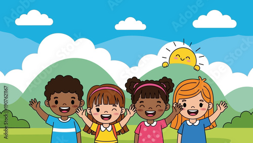 A happy group of preschool kids and a smiling family with a baby enjoy childhood fun and friendship while playing together on a meadow in this colorful cartoon vector illustration