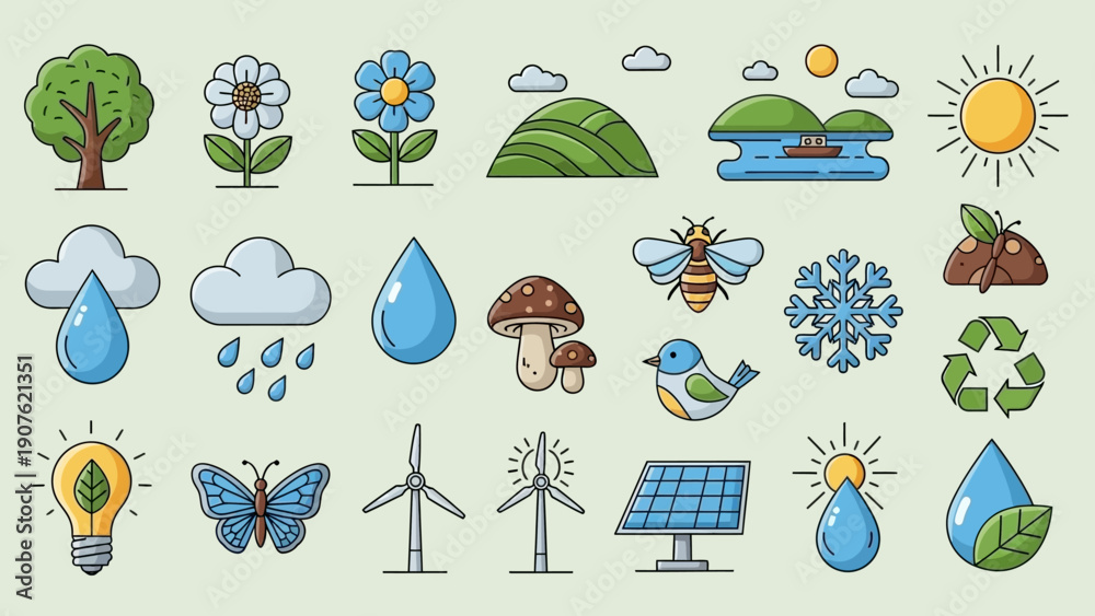 Fototapeta premium A vector illustration collection featuring a set of nature icons and travel symbols like a sun, palm tree, and beach umbrella for summer holiday vacation design