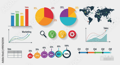 Set of business infographic elements including vector bar and pie charts, data report graphs, and a world map template for web design growth information graphics