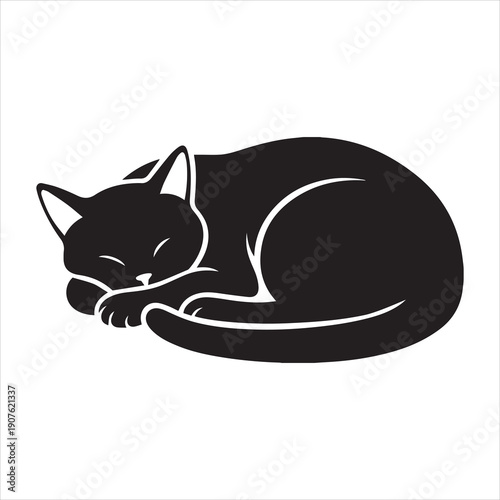 Sleeping black cat silhouette vector illustration curled up in a peaceful resting position isolated on white background.