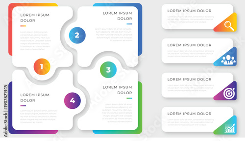 4-Step Jigsaw Puzzle Infographic Template. Vector Business Presentation Slide Featuring Interlocking Pieces with Numbered Nodes and Matching Vertical Description Banners
