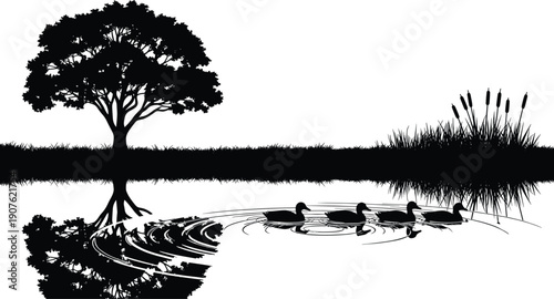 Black lake landscape silhouette with tree reflection in water and ducks swimming, cad drawing flat vector illustration for nature design.