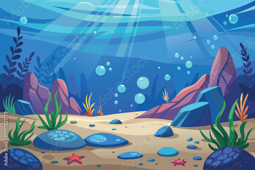 An underwater scene depicts coral rocks sand and sunlight filtering through water