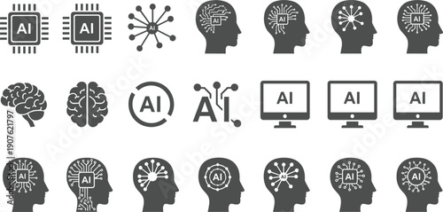 Collection of artificial intelligence AI line icons, human brain silhouettes, and computer processor symbols, cad drawing flat vector illustration, design.