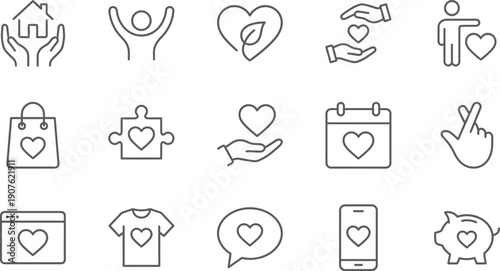Linear vector icon set for charity and humanitarian heart featuring donation bags volunteering hands home care eco love puzzle pieces and non profit giving
