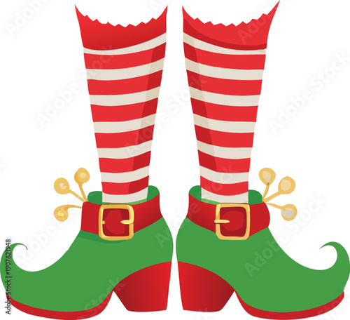 Festive elf shoes with curled toes and striped red and white stockings