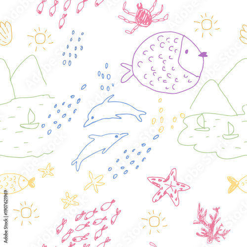 Cute hand-drawn seamless pattern, kids drawing. Scribble doodle sketch, endless background, vector illustration for textile, fabric, wrapping.