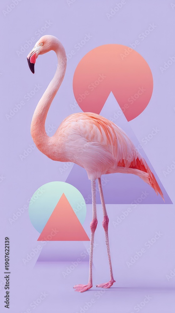 Obraz premium Tropical flamingo with hat and sunglasses on fluffy clouds, dreamy summer art design for posters