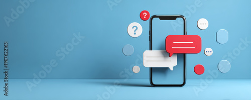 Mobile phone chat bubble online message customer support digital communication question mark blue background social media modern technology