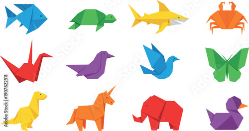 Colorful origami animals set with paper fish bird turtle unicorn elephant and butterfly geometric flat vector illustration for creative design projects