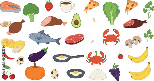 Assorted food icons illustration with fruits vegetables meat seafood eggs and drinks colorful flat vector design for nutrition menus and cooking projects