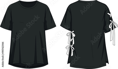 Black Oversized T-Shirt Technical Fashion Flat Sketch with Decorative Lace-Up Detail on Sleeve and Side Seam Vector Illustration