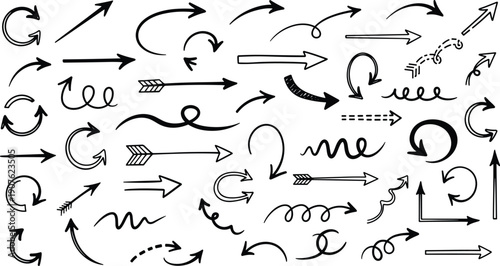 Collection of black hand drawn arrow sketches including curved, straight, and circular pointers, cad drawing flat vector illustration, design elements.