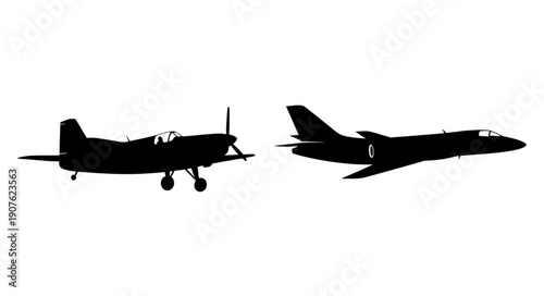 Silhouette of two airplanes one vintage and one modern jet.