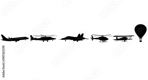 Diverse collection of aircraft silhouettes including airplanes helicopters and hot air balloon.