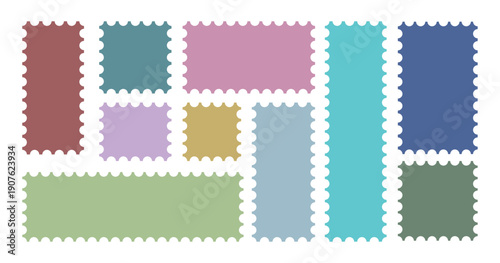 postage stamps set. Mockup postage stamps. Post stamp frames and borders.  Isolated set of colorful stickers, labels and badges. Vector illustration. 