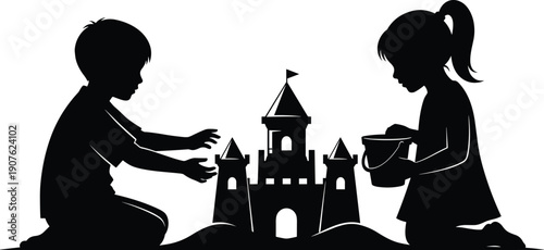 Collection of black silhouettes showing two children building a sandcastle on the beach, cad drawing flat vector illustration for summer design.