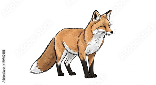 Red Fox Standing Isolated White Background Wildlife.