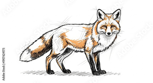 Red Fox Standing on Grass Sketch Illustration.