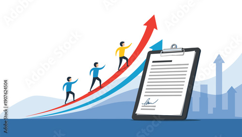 Three figures steadily climbing an upward-trending arrow, symbolizing progress and business growth, with a clipboard and chart in the background.