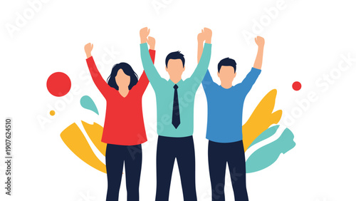 Three diverse individuals, two women and one man, standing together with raised hands in a gesture of unity and celebration.