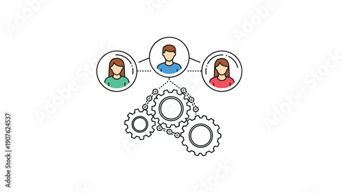 Three diverse individuals connected by a network of gears, symbolizing teamwork, collaborative processes, and interconnected business operations.