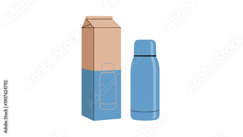Stylish blue thermos bottle standing beside its minimalist cardboard packaging box, ready for eco-friendly hydration on the go.