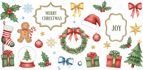 Christmas Holiday Illustration Set with Wreath, Gifts, Gingerbread, Snow Globe, Bows, Ornaments, and Festive Typography Elements for Seasonal Designs