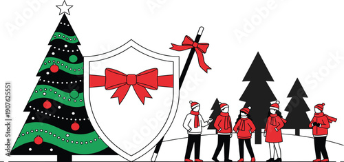 Christmas Protection and Safety Illustration with Shield, Bow, Winter Trees, and People in Santa Hats for Holiday Security, Insurance, and Corporate Concepts
