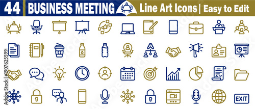 Business meeting line art icon set, easy to edit, concept includes office chairs, presentations, and digital communication vector illustration.