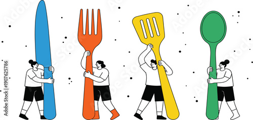 Creative Food Concept Illustration with People Holding Giant Cutlery, Fork, Knife, Spatula, and Spoon for Restaurant, Cooking, and Culinary Design Concepts
