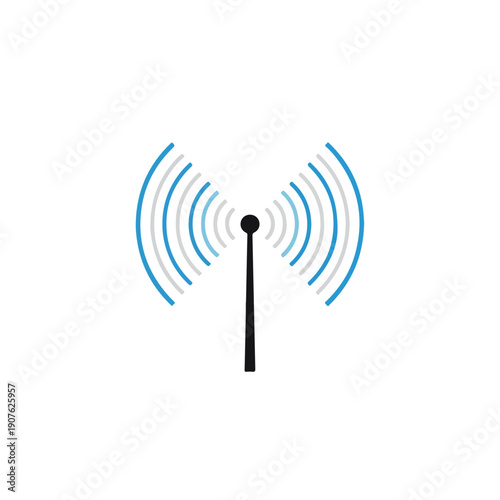 A simple black radio antenna with blue signal waves on a white background. Perfect for world radio day, broadcasting, and telecommunications presentations.