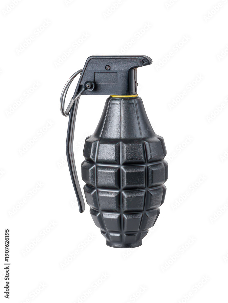 Fototapeta premium A black hand grenade displayed in isolation, a military explosive device ready for use