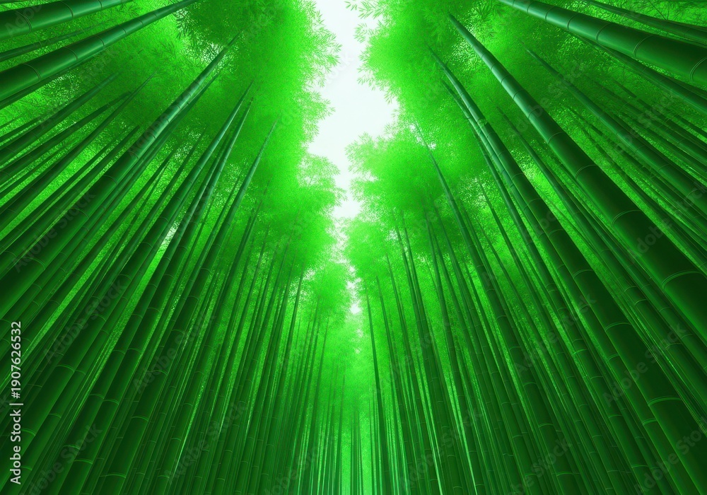 Obraz premium Dense, vibrant green bamboo stalks soaring skyward in a peaceful forest setting during the fresh growth of springtime, day, abstract, wild